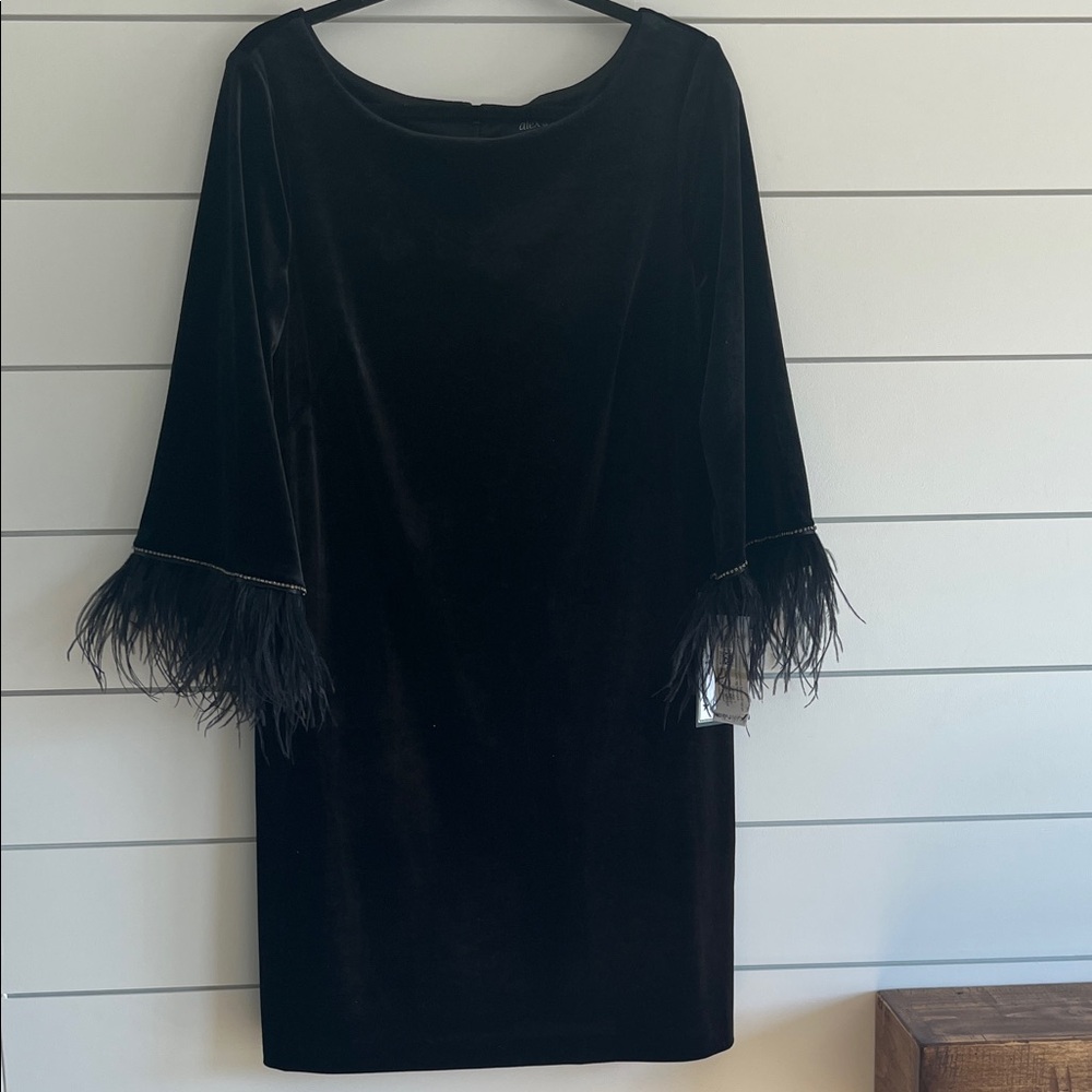 Alex & Eve Black Velvet Dress with Feathered Sleeves